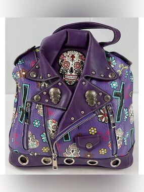 Cowgirl Trendy Sugar Skull Floral Biker Style Backpack Purse Day of the Dead